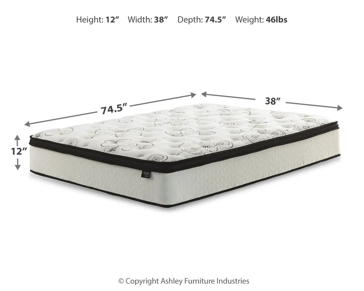 Chime 12 Inch Ultra Plush Hybrid Mattress by Unique Piece Furniture, white quilted top, 38in x 74.5in on Tampa Home & Garden Store