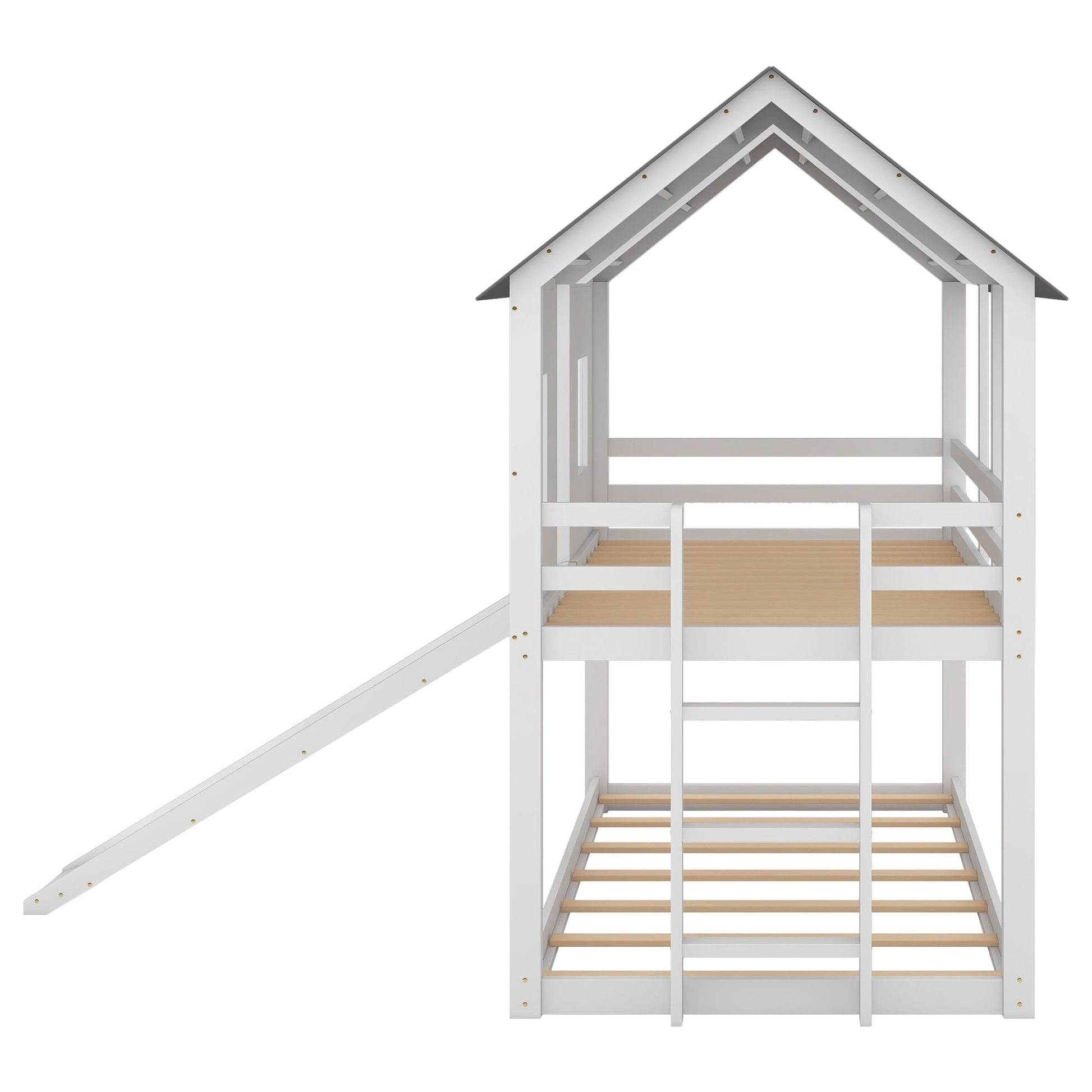 Twin Over Twin House Bunk Bed with Slide and Windows in white/gray finish by HouseOfZazla on Tampa Home & Garden Store