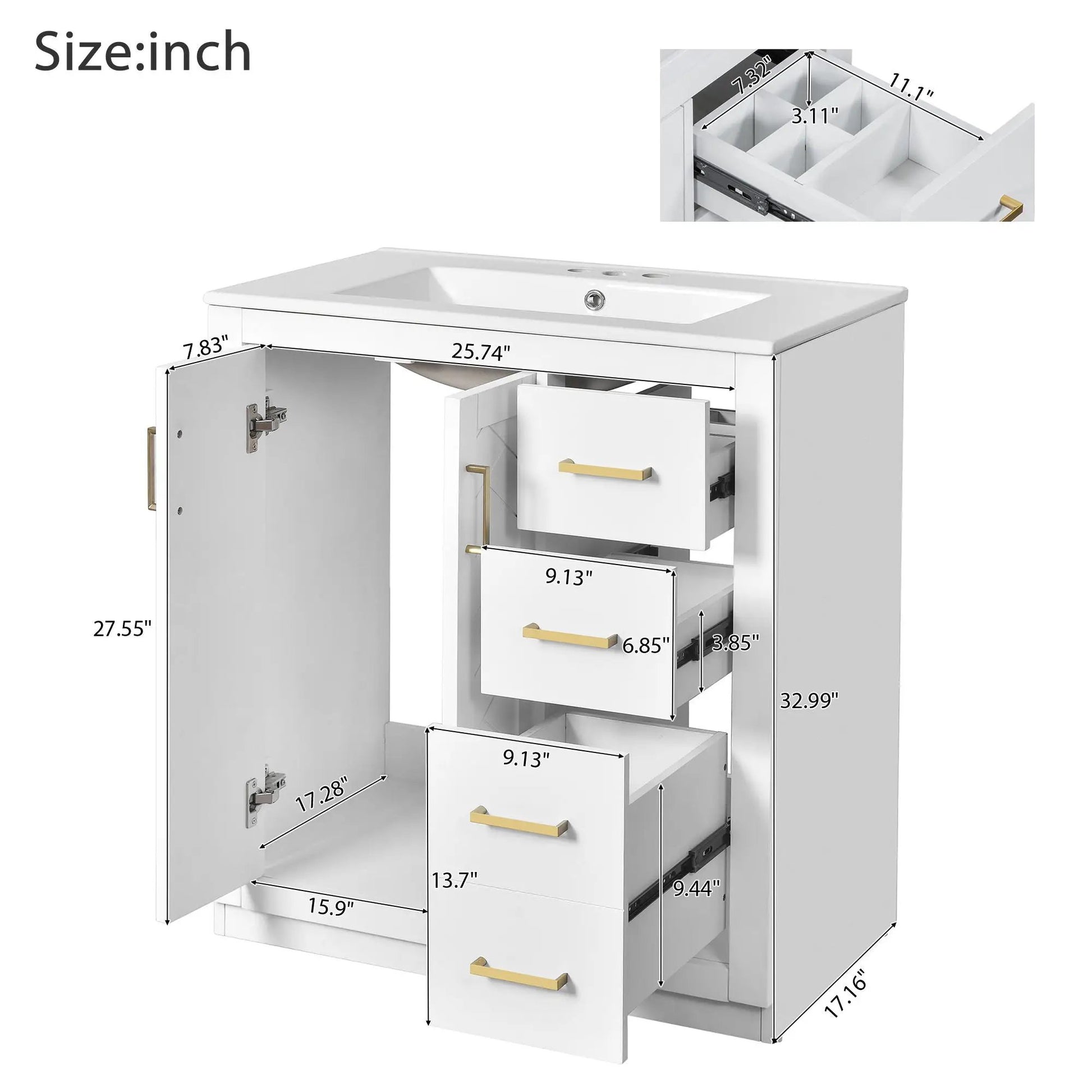 Bathroom vanity with sink and 3 soft-close drawers, brass handles, freestanding unit on Tampa Home & Garden Store
