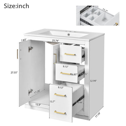 Bathroom vanity with sink and 3 soft-close drawers, brass handles, freestanding unit on Tampa Home & Garden Store