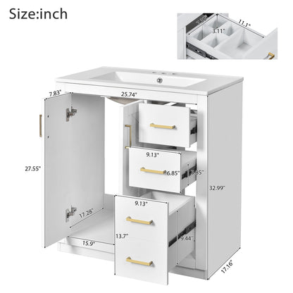 White bathroom vanity with sink, freestanding cabinet with 2 doors and 3 drawers, soft-close on Tampa Home & Garden Store