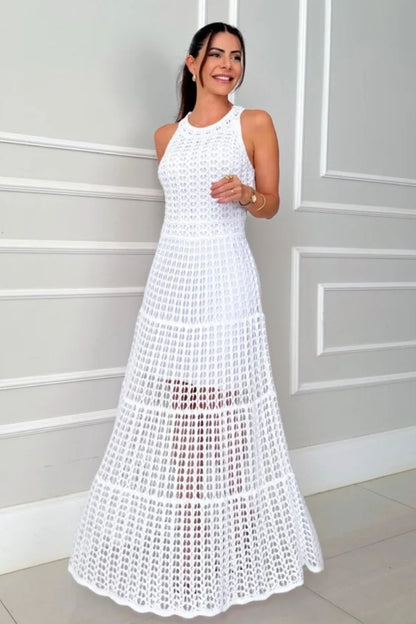 Stevvex white sleeveless cutout maxi dress with crochet mesh pattern, flowy silhouette on Tampa Home & Garden Store