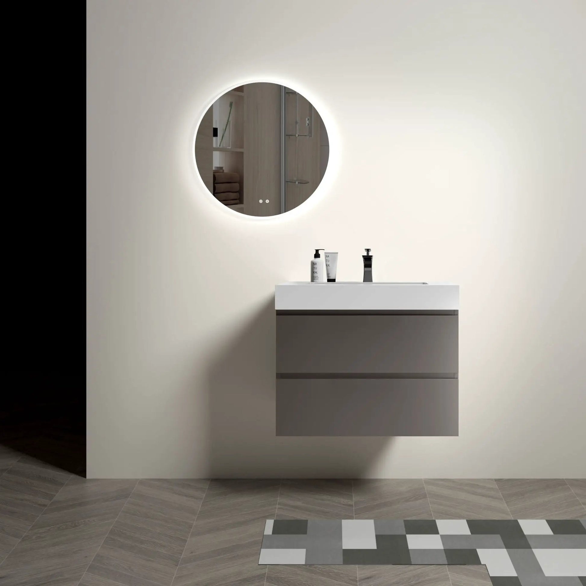 Alice bathroom vanity with sink, white floating wall-mounted unit with large storage and mirror on Tampa Home & Garden Store