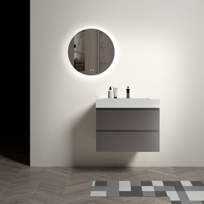 Alice bathroom vanity with sink by HouseOfZazla, white gloss cabinet with round LED mirror on Tampa Home & Garden Store