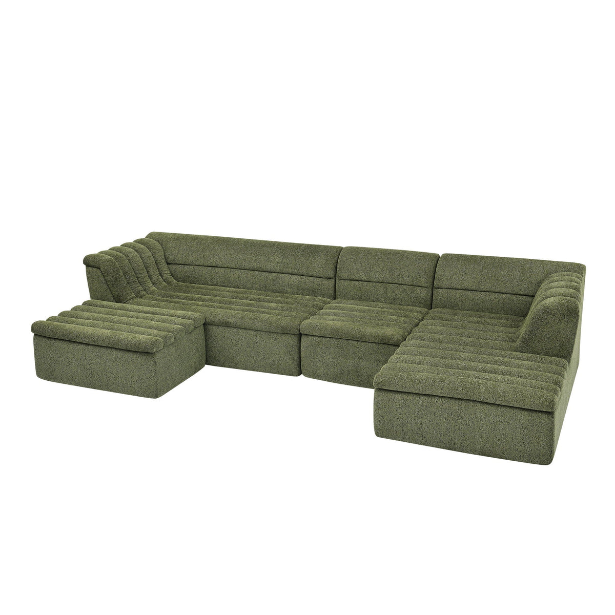U-Shaped modular sectional sofa with chaise and ottoman, green fabric, wave-armrests, 2-piece set on Tampa Home & Garden Store