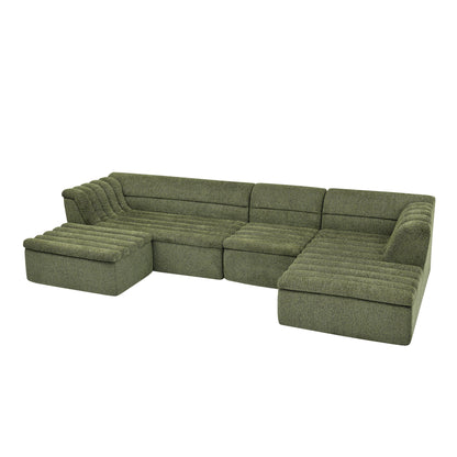 U-Shaped modular sectional sofa with chaise and ottoman, green fabric, wave-armrests, 2-piece set on Tampa Home & Garden Store