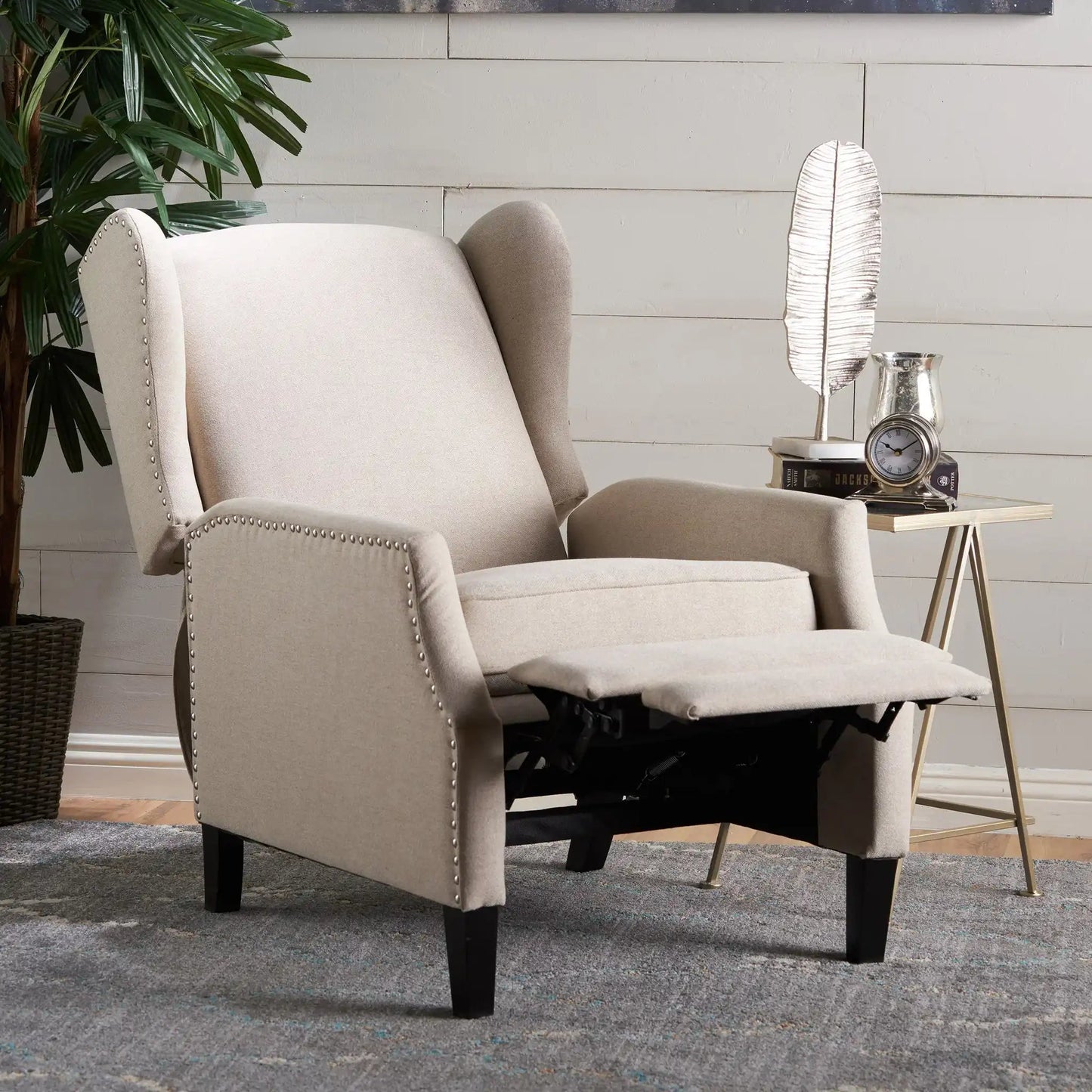 Westeros Wing Back Fabric Upholstered Recliner by HouseOfZazla, beige upholstery, nailhead trim, pair on Tampa Home & Garden Store