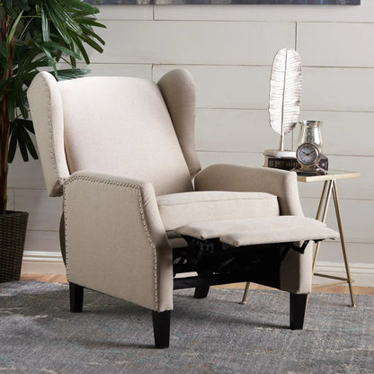 Westeros Wing Back Fabric Upholstered Recliner by HouseOfZazla, beige upholstery, nailhead trim, pair on Tampa Home & Garden Store
