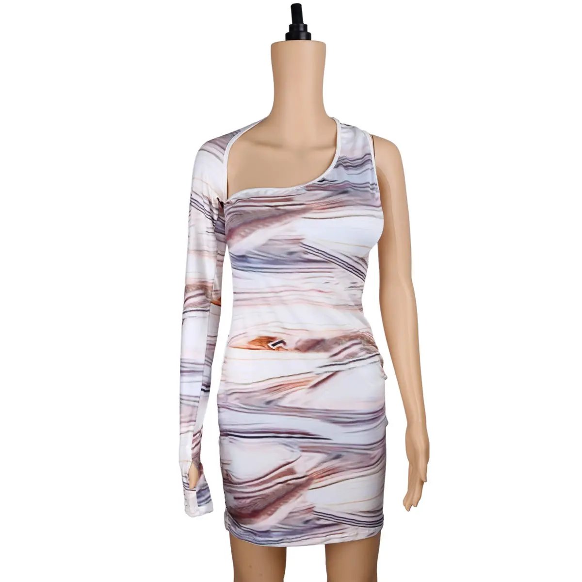 One-shoulder dress in white-brown woodgrain print with form-fitting by FLIPSTYLEZLLC on Tampa Home & Garden Store