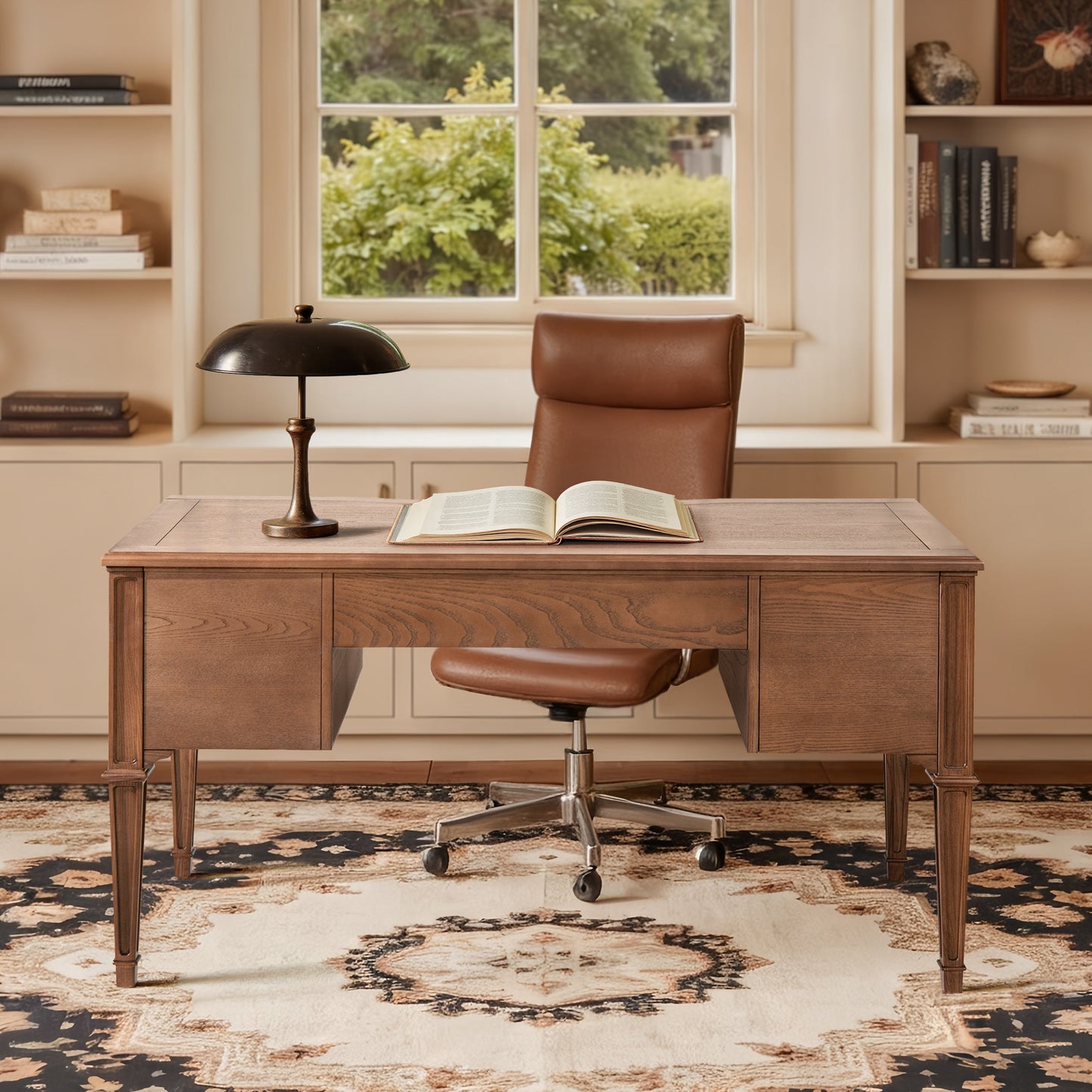 Dauphin Gold Accent 5-Drawer Wood Executive Desk brown ash wood veneer on Tampa Home & Garden Store