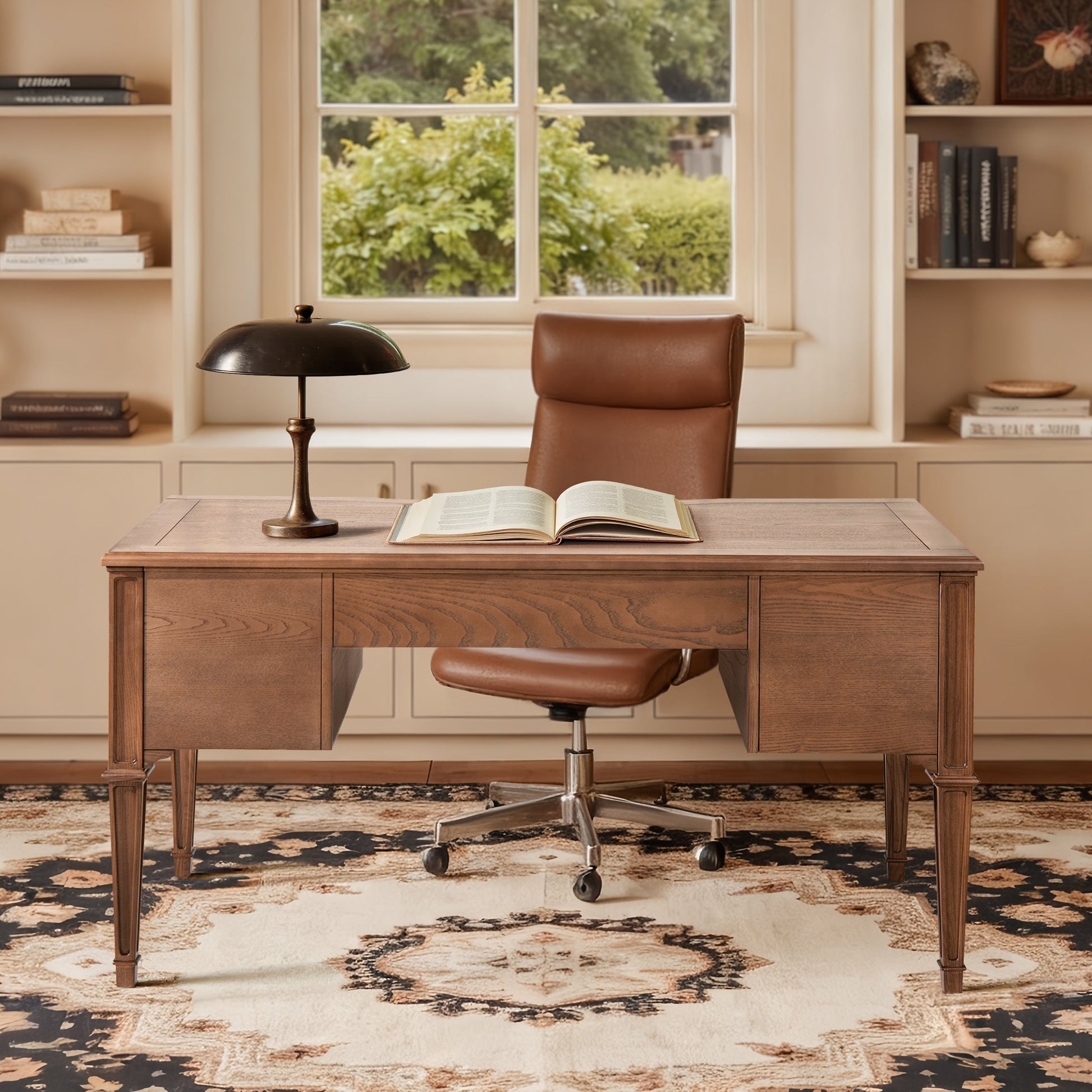 Dauphin Gold Accent 5-Drawer Wood Executive Desk brown ash wood veneer on Tampa Home & Garden Store