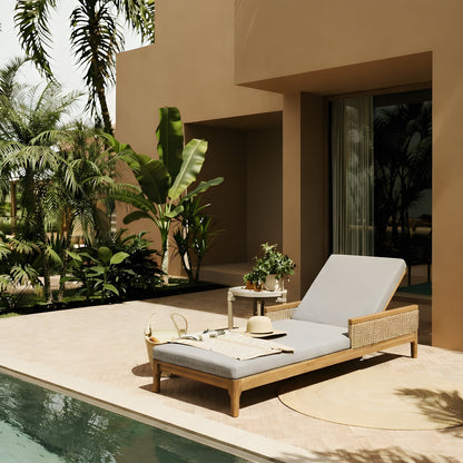 HouseOfZazla acacia wood sun lounger with grey cushions and light grey wicker outdoor lounge on Tampa Home & Garden Store