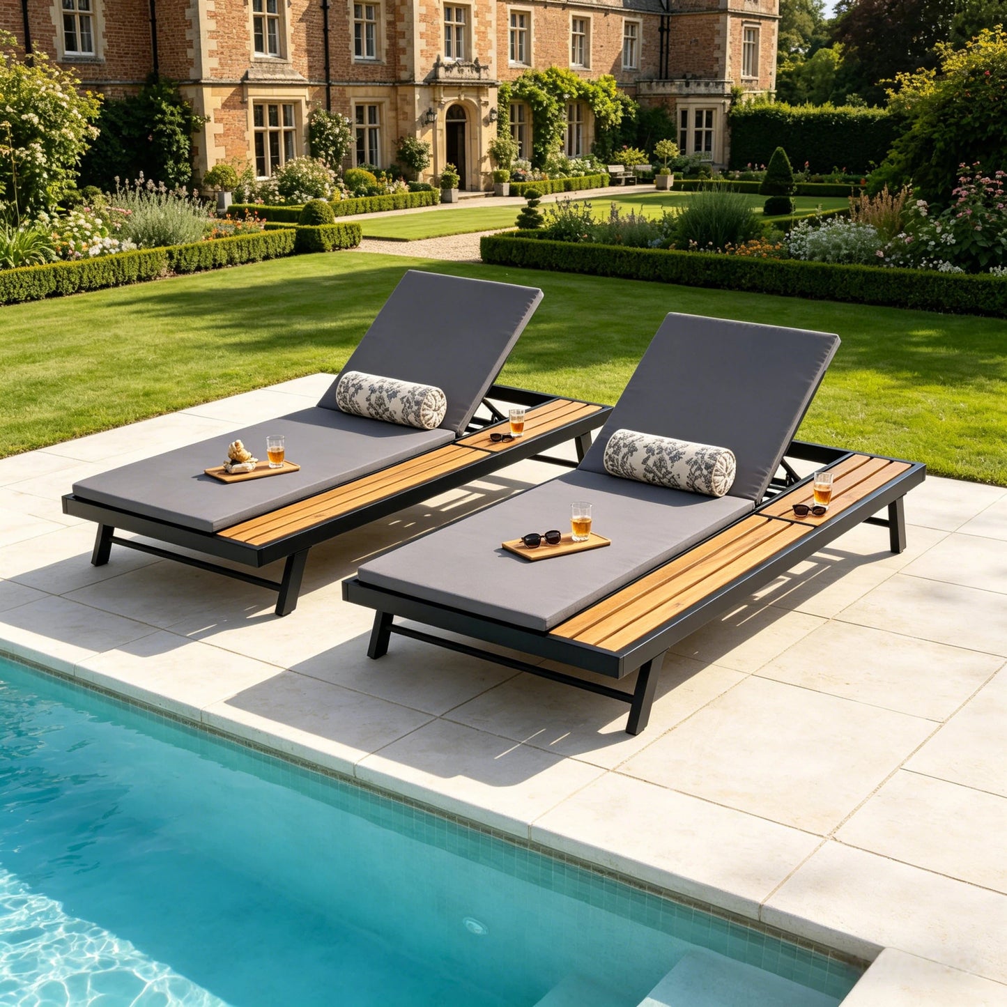 Black Iron and Teak Outdoor Chaise Lounge Set