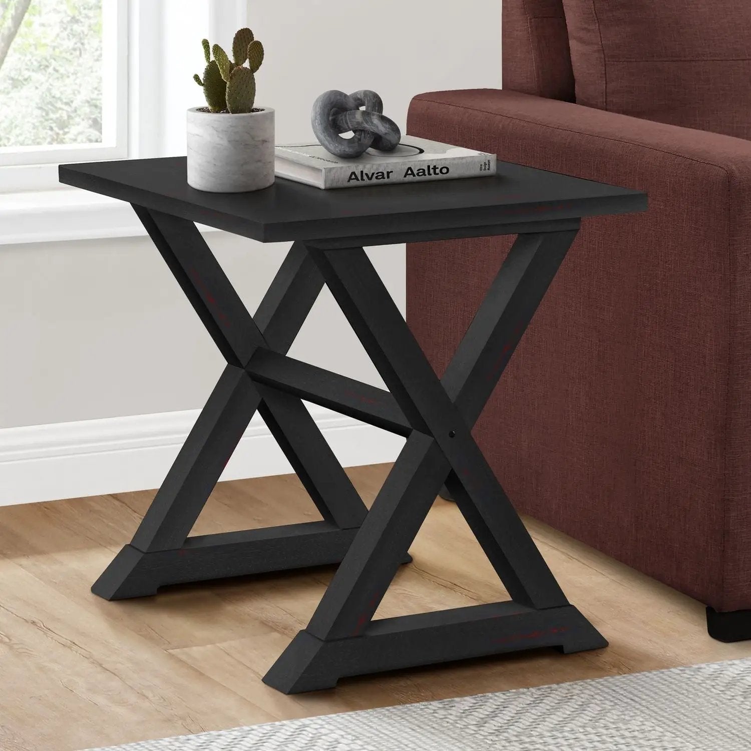Compact Accent End Table black square top; cross legs; plant, Alvar Aalto book, knot sculpture on Tampa Home & Garden Store
