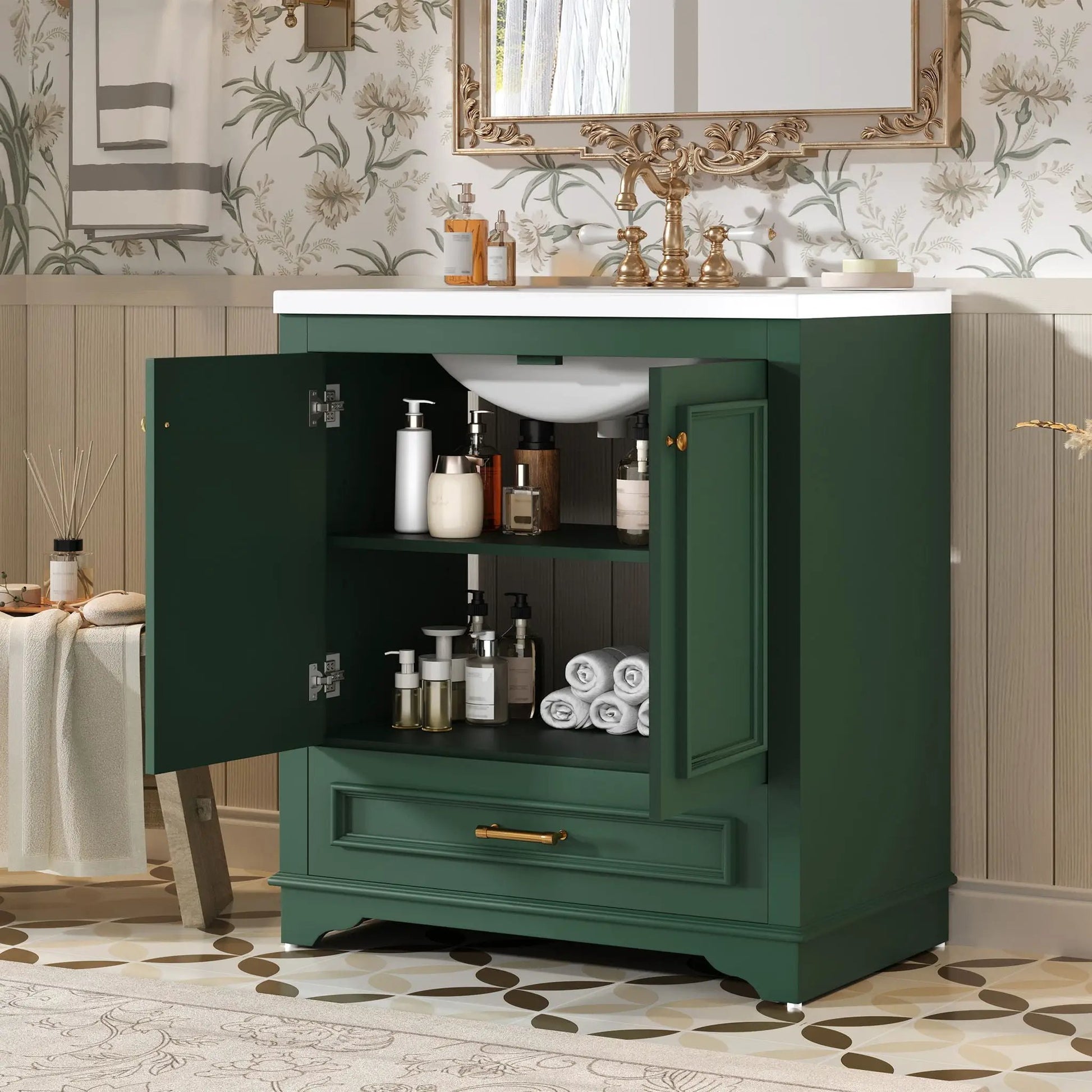 Bathroom vanity with sink in emerald green cabinet, brass faucet, two soft-close doors on Tampa Home & Garden Store