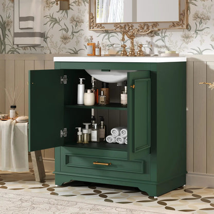 Bathroom vanity with sink in emerald green cabinet, brass faucet, two soft-close doors on Tampa Home & Garden Store