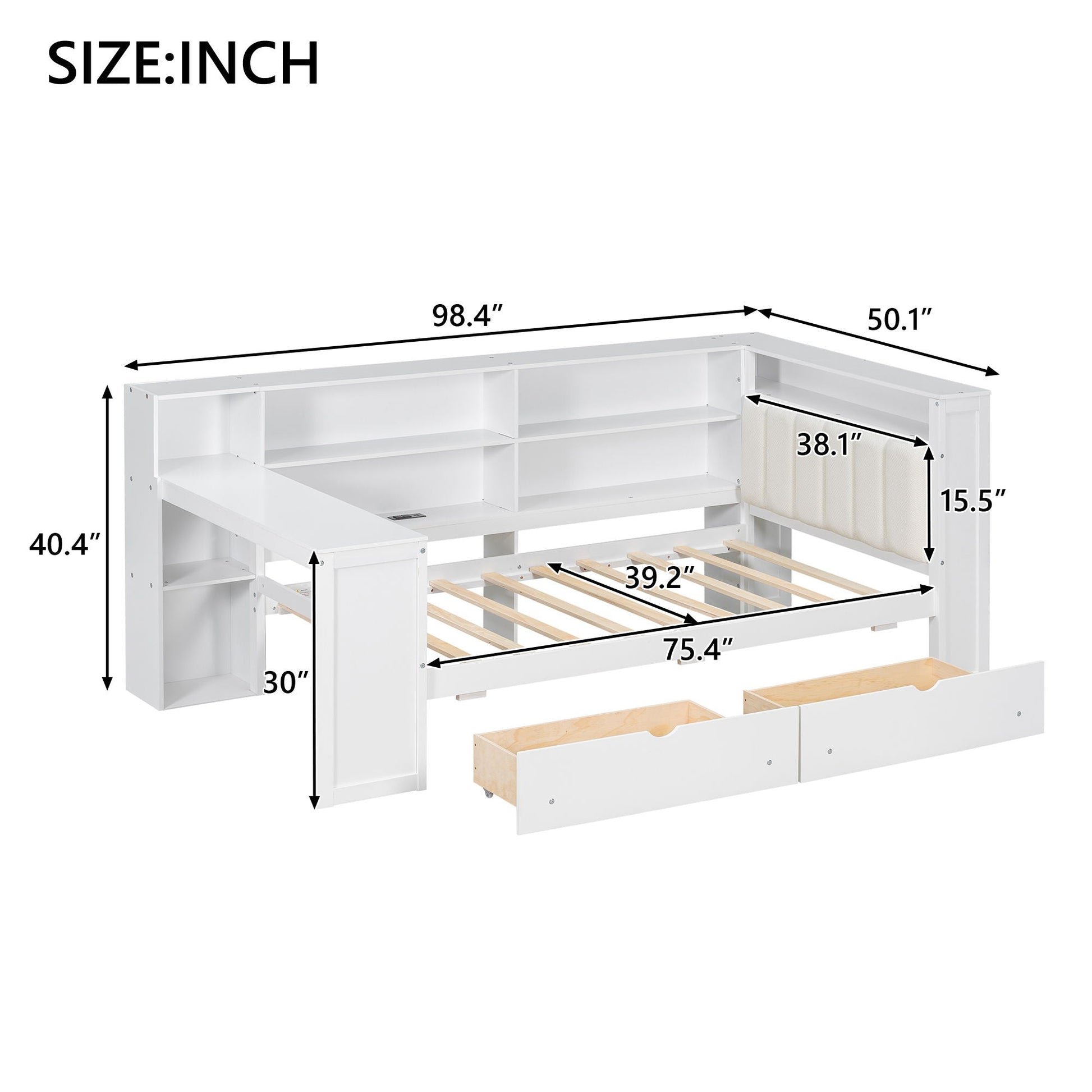 Platform bed with white finish featuring built-in shelves, drawers and desk by HouseOfZazla on Tampa Home & Garden Store