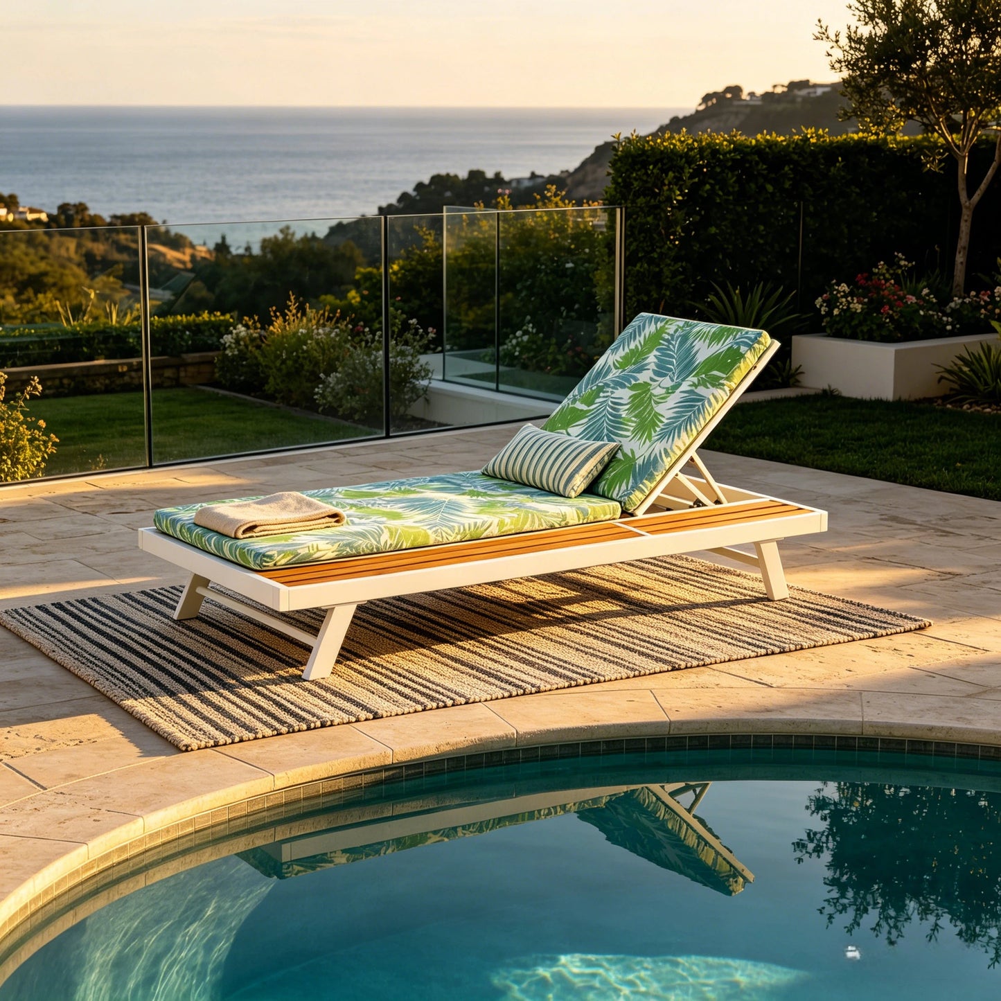 White Iron and Teak Outdoor Chaise Lounge Set