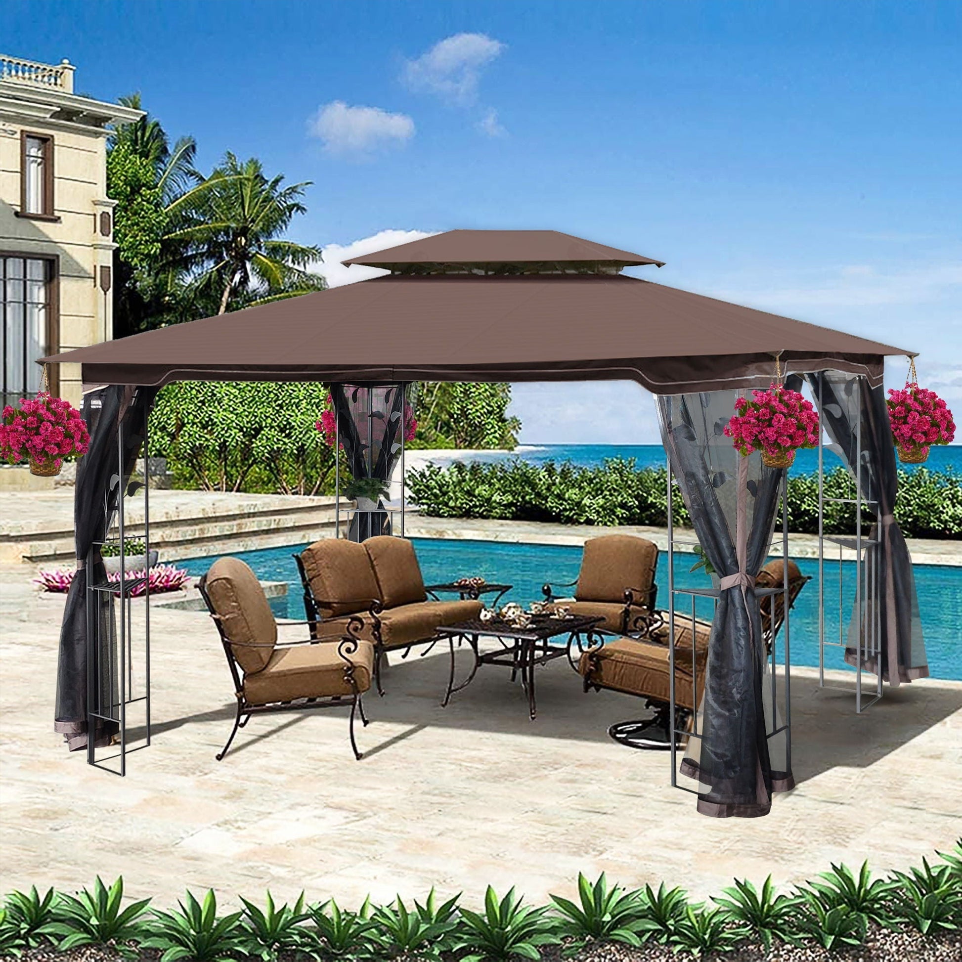 Patio Gazebo Tent brown fabric with ventilated double roof and mosquito nets by HouseOfZazla on Tampa Home & Garden Store