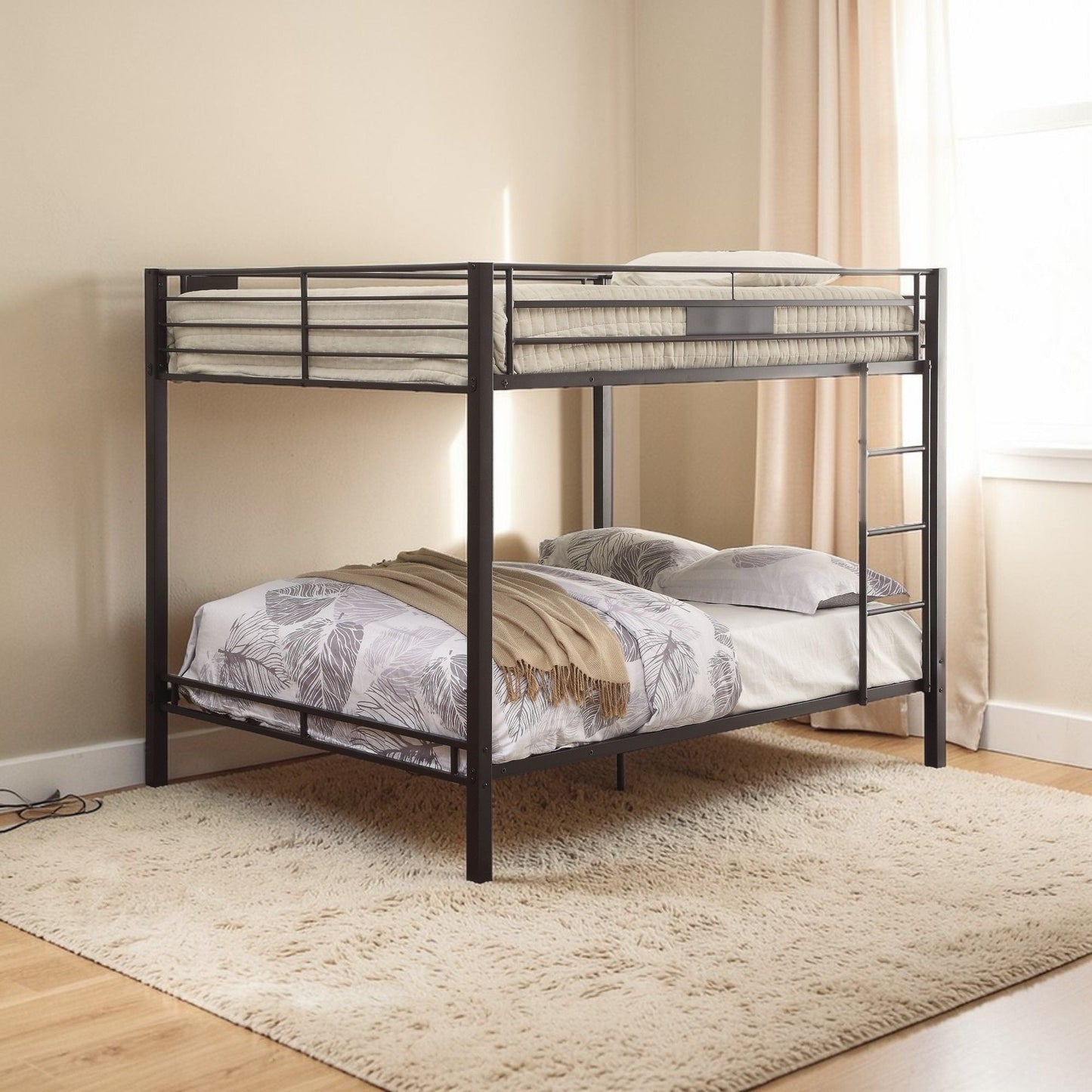 Limbra Spacious Design Double Bunk Bed by HouseOfZazla, black metal frame with beige bedding on Tampa Home & Garden Store