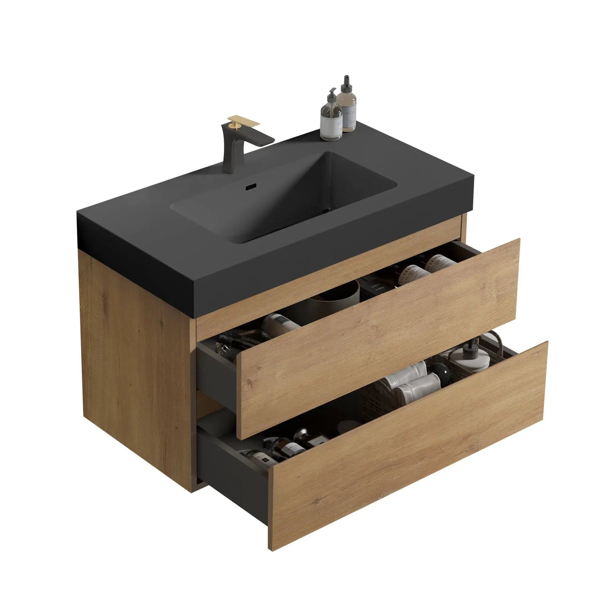 Alice natural oak bathroom vanity with sink, black countertop, wall-mounted with storage on Tampa Home & Garden Store