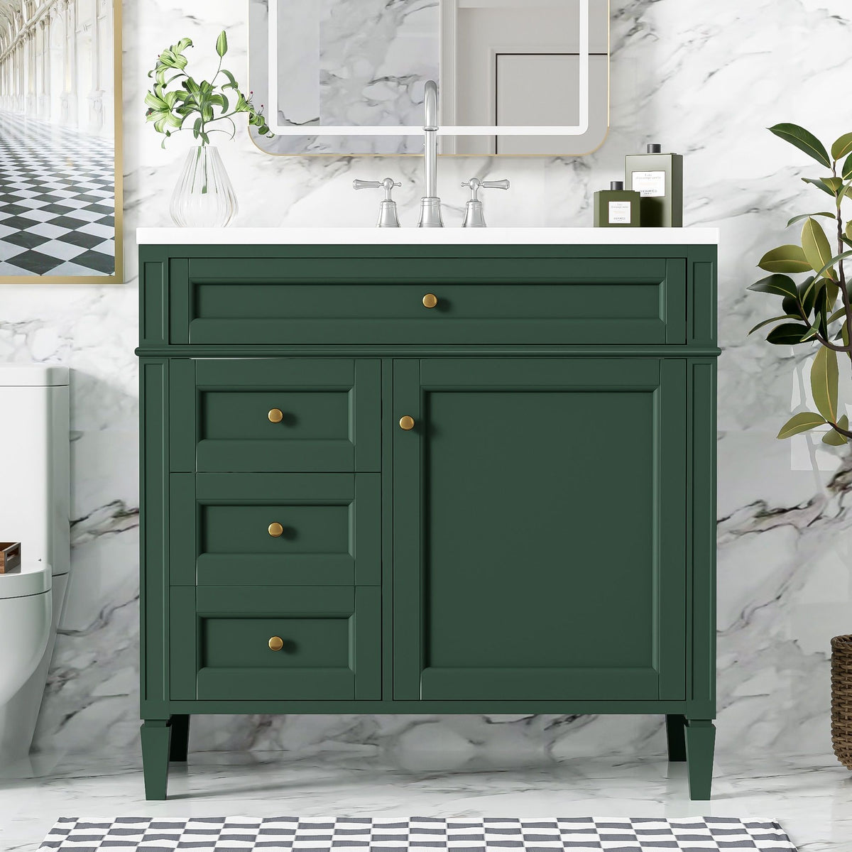 36in green bathroom vanity with ceramic sink, storage drawers, chrome faucet on Tampa Home & Garden Store