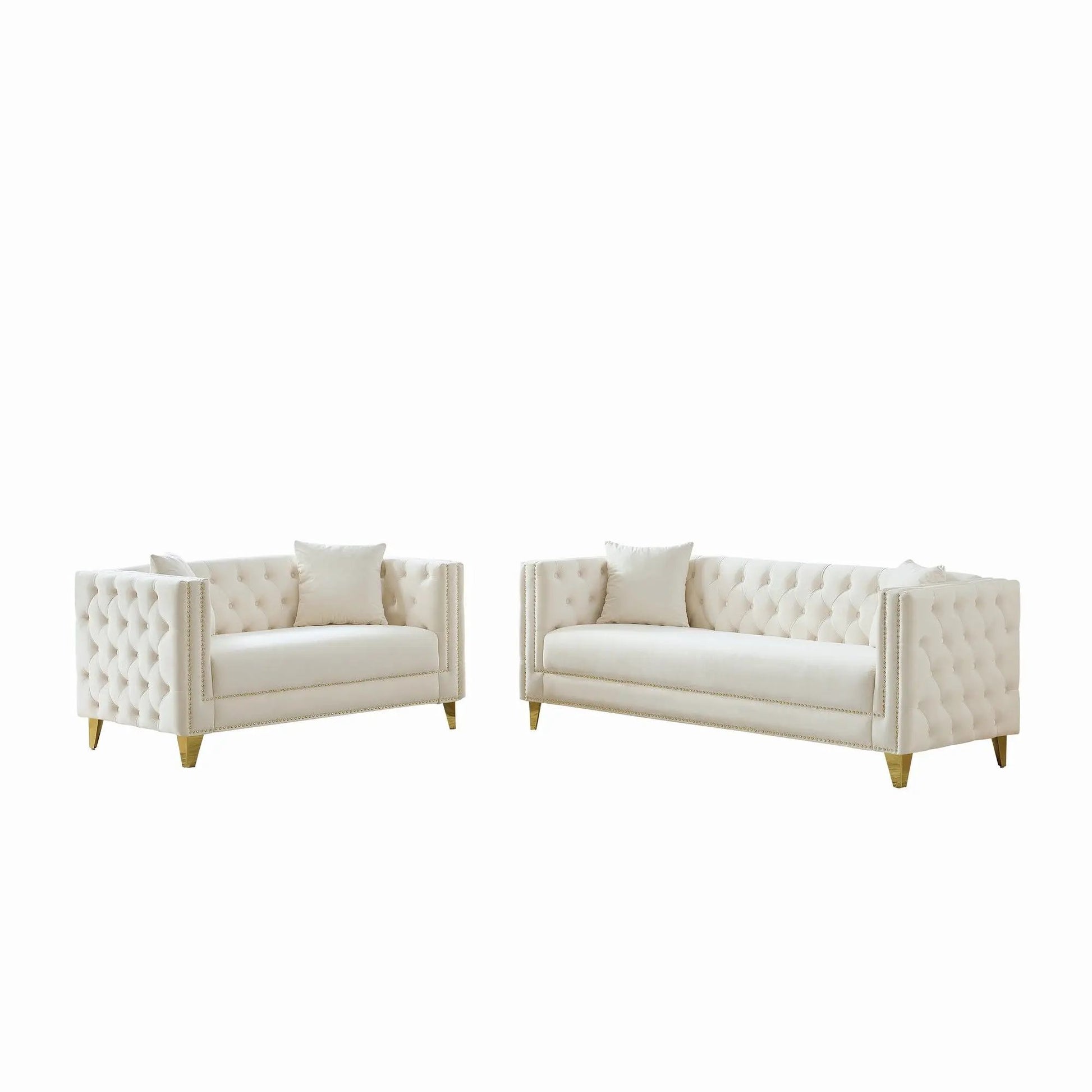 2 deep seat sofas with button nailhead and square arms in cream tufted upholstery with gold legs on Tampa Home & Garden Store