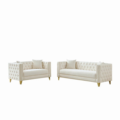 2 deep seat sofas with button nailhead and square arms in cream tufted upholstery with gold legs on Tampa Home & Garden Store