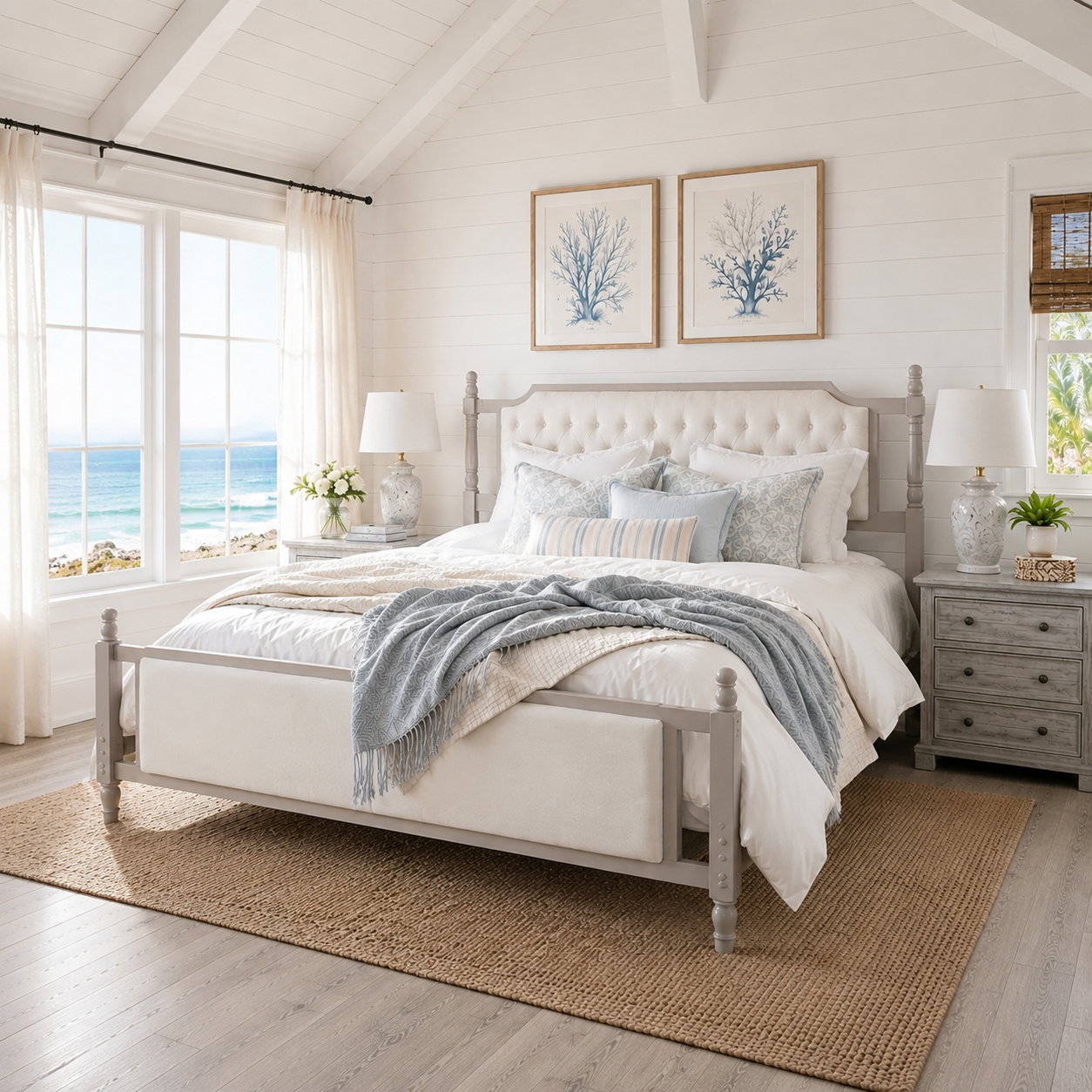 Queen size upholstered platform bed with tufted headboard in light gray fabric by HouseOfZazla on Tampa Home & Garden Store