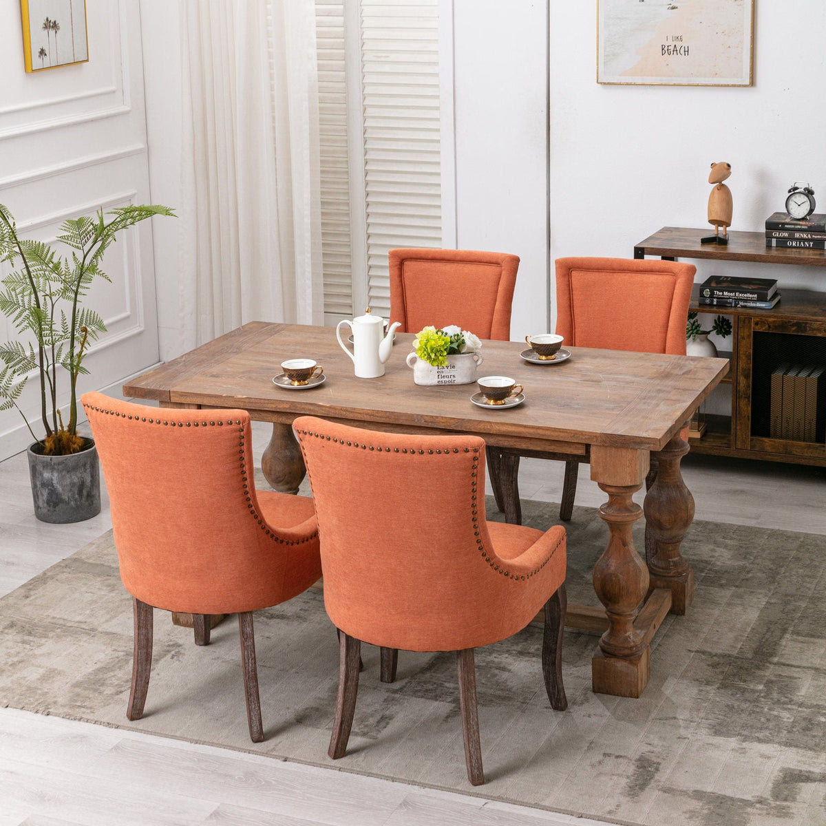 Ultra Side Dining Chairs nail head orange upholstery set of 4 around rustic dining table on Tampa Home & Garden Store