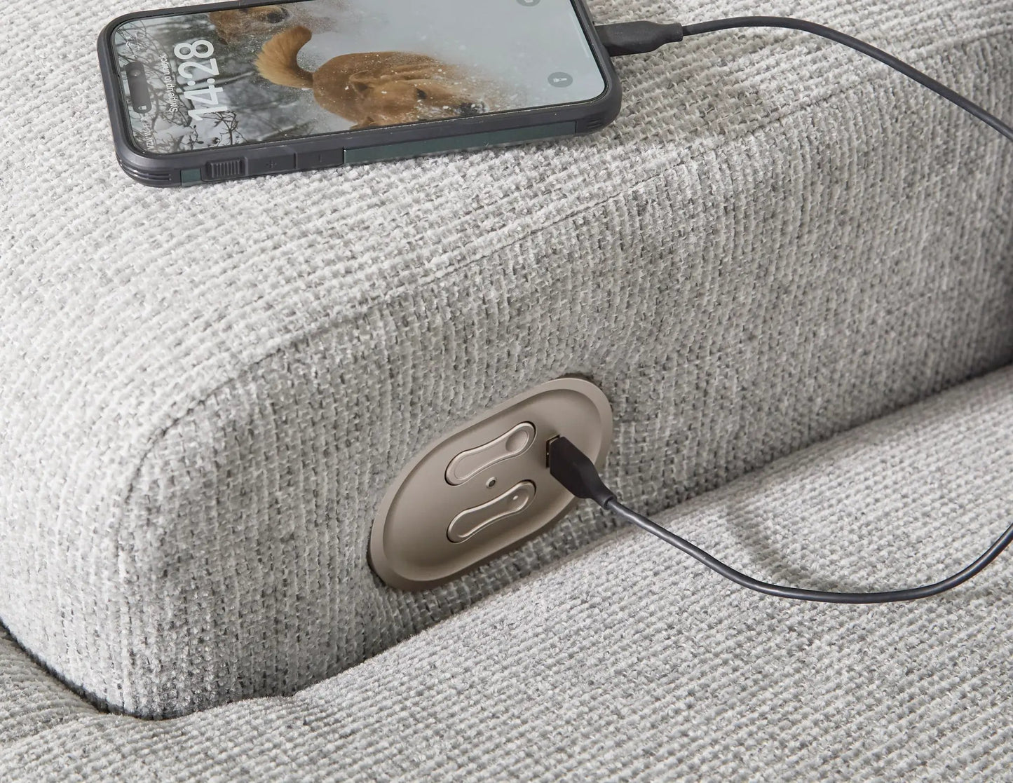 Acklen Place reclining sectional gray textured upholstery with round arm controls on Tampa Home & Garden Store