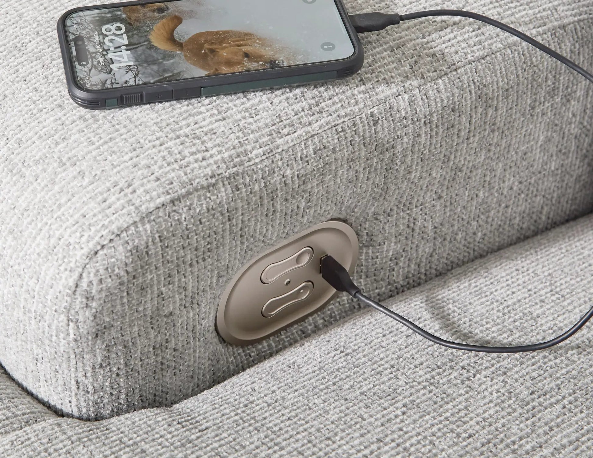 Acklen Place reclining sectional gray textured upholstery with round arm controls on Tampa Home & Garden Store
