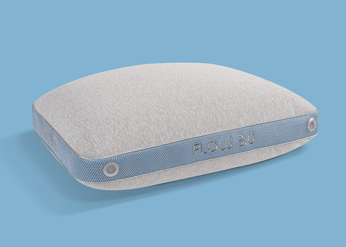 BedGear Flow Performance Pillow with light gray cover and blue side panel backrest pillow on Tampa Home & Garden Store