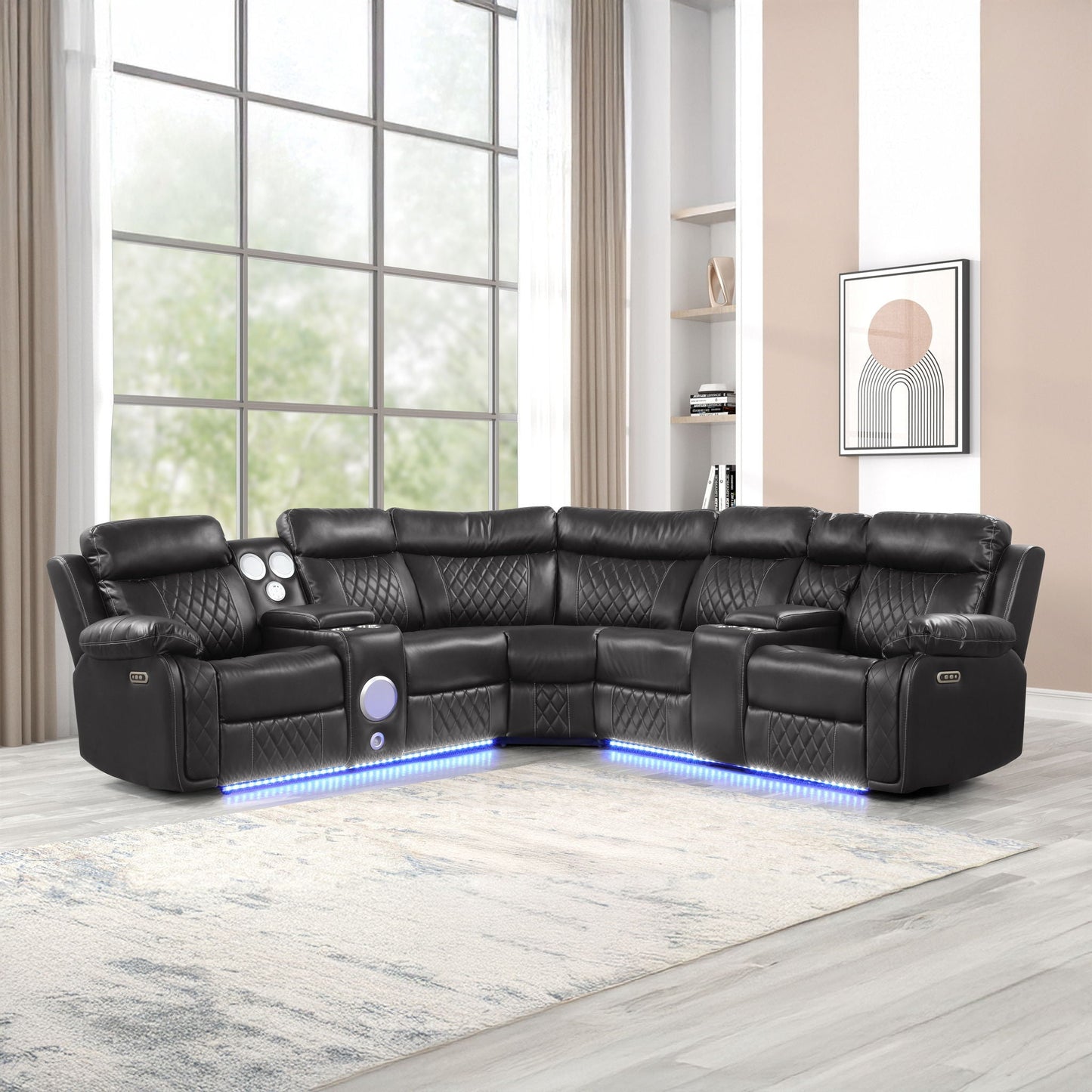 Lacrosse power reclining sectional sofa in black leather with LED base lighting HouseOfZazla on Tampa Home & Garden Store