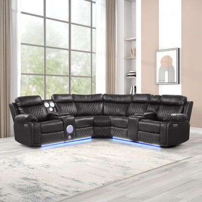 Lacrosse power reclining sectional sofa in black leather with LED base lighting HouseOfZazla on Tampa Home & Garden Store