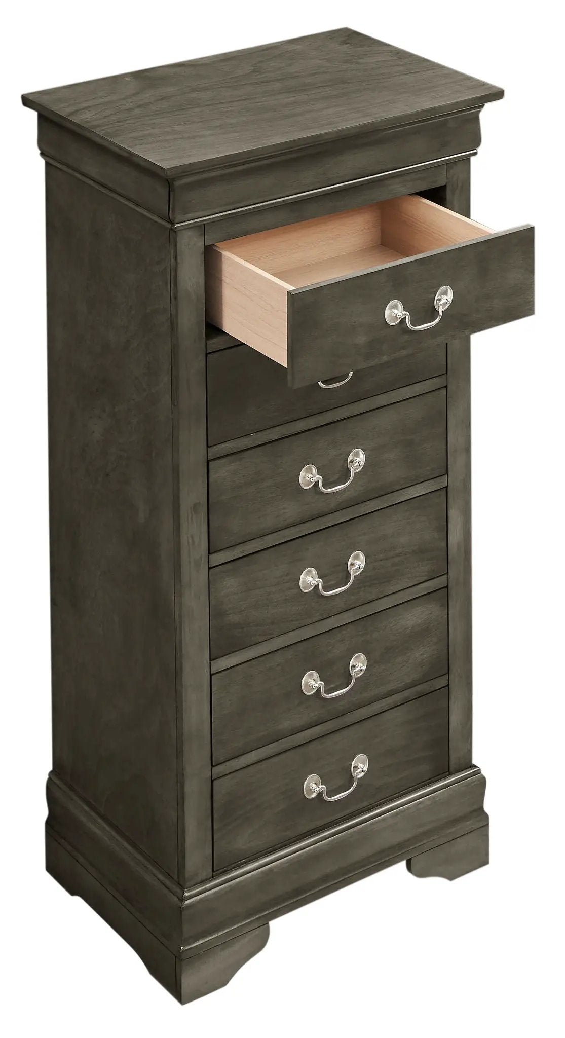 Traditional lingerie storage chest in dark charcoal finish with silver handles, slim tall cabinet on Tampa Home & Garden Store
