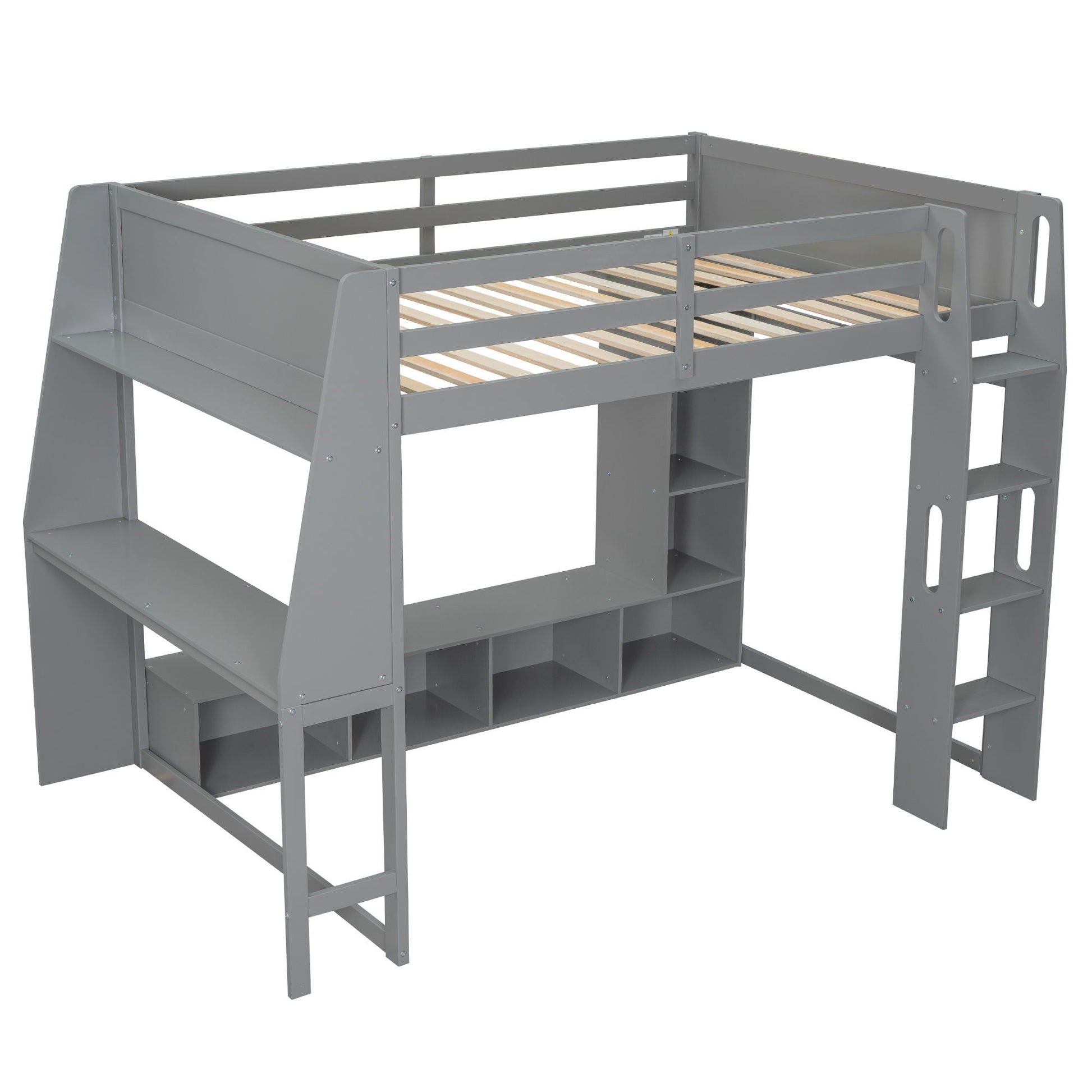 HouseOfZazla gray Gaming Loft Bed with Desk and built in storage shelves on Tampa Home & Garden Store