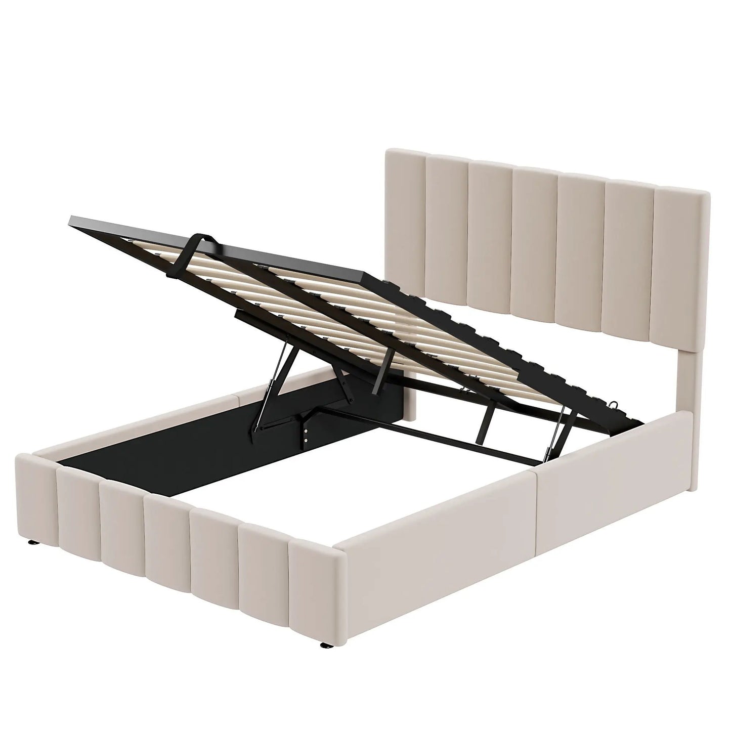 Elegant upholstered platform bed with beige headboard panels and hydraulic storage system on Tampa Home & Garden Store