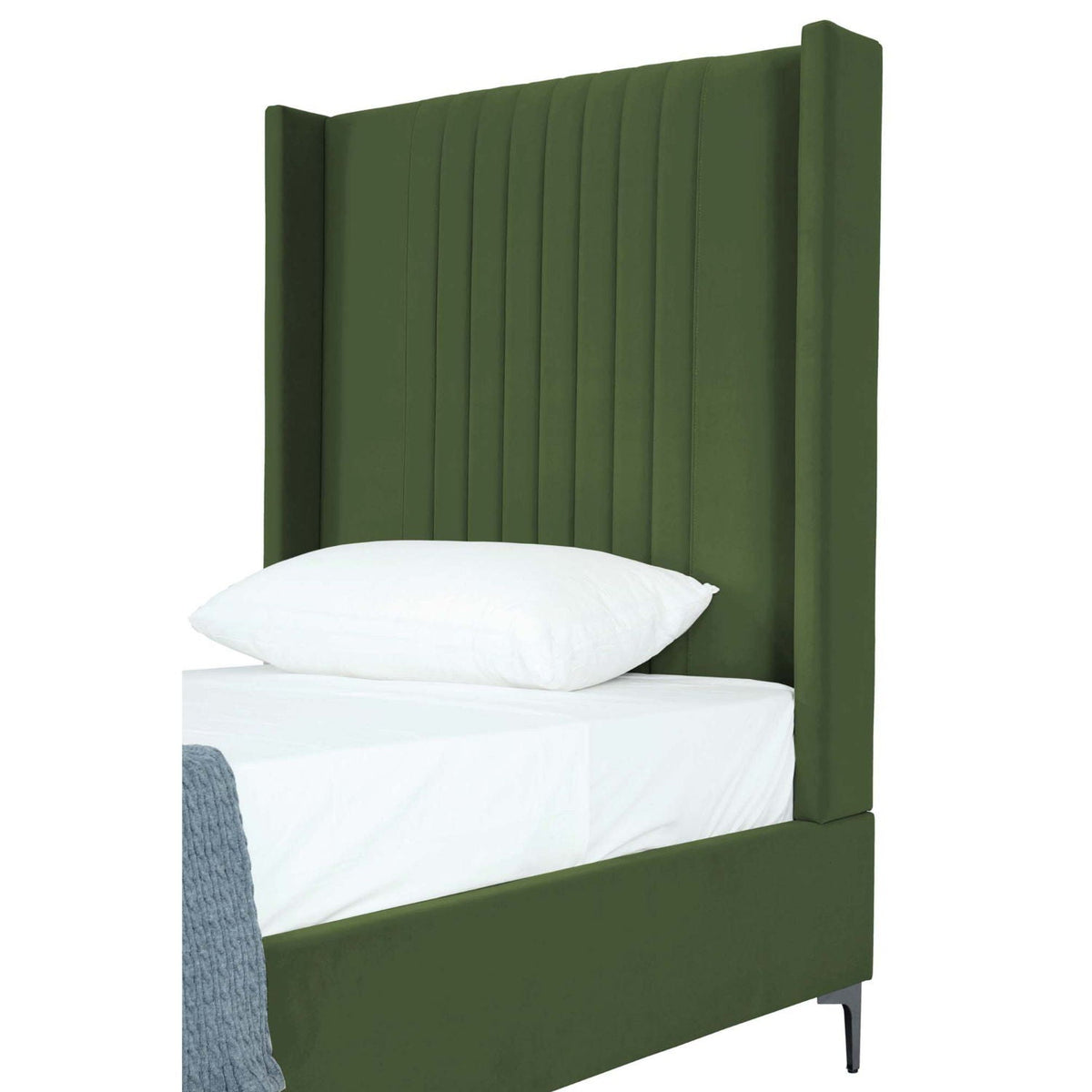 Promenade bed with green upholstered headboard and slats, white bedding on Tampa Home & Garden Store