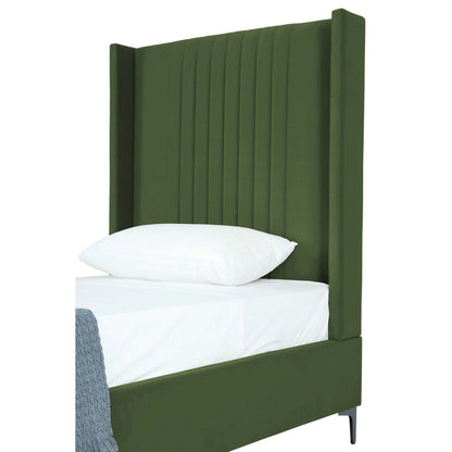Promenade bed with green upholstered headboard and slats, white bedding on Tampa Home & Garden Store