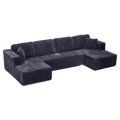 U-shape modular stationary sectional sofa in dark navy corduroy fabric, living room staple on Tampa Home & Garden Store