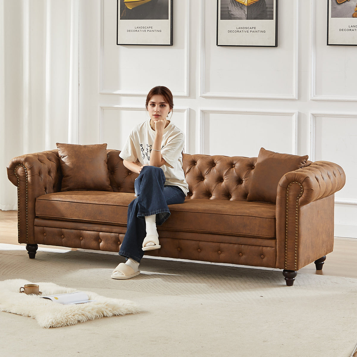 Tech Fabric Chesterfield Sofa with Rolled Arms