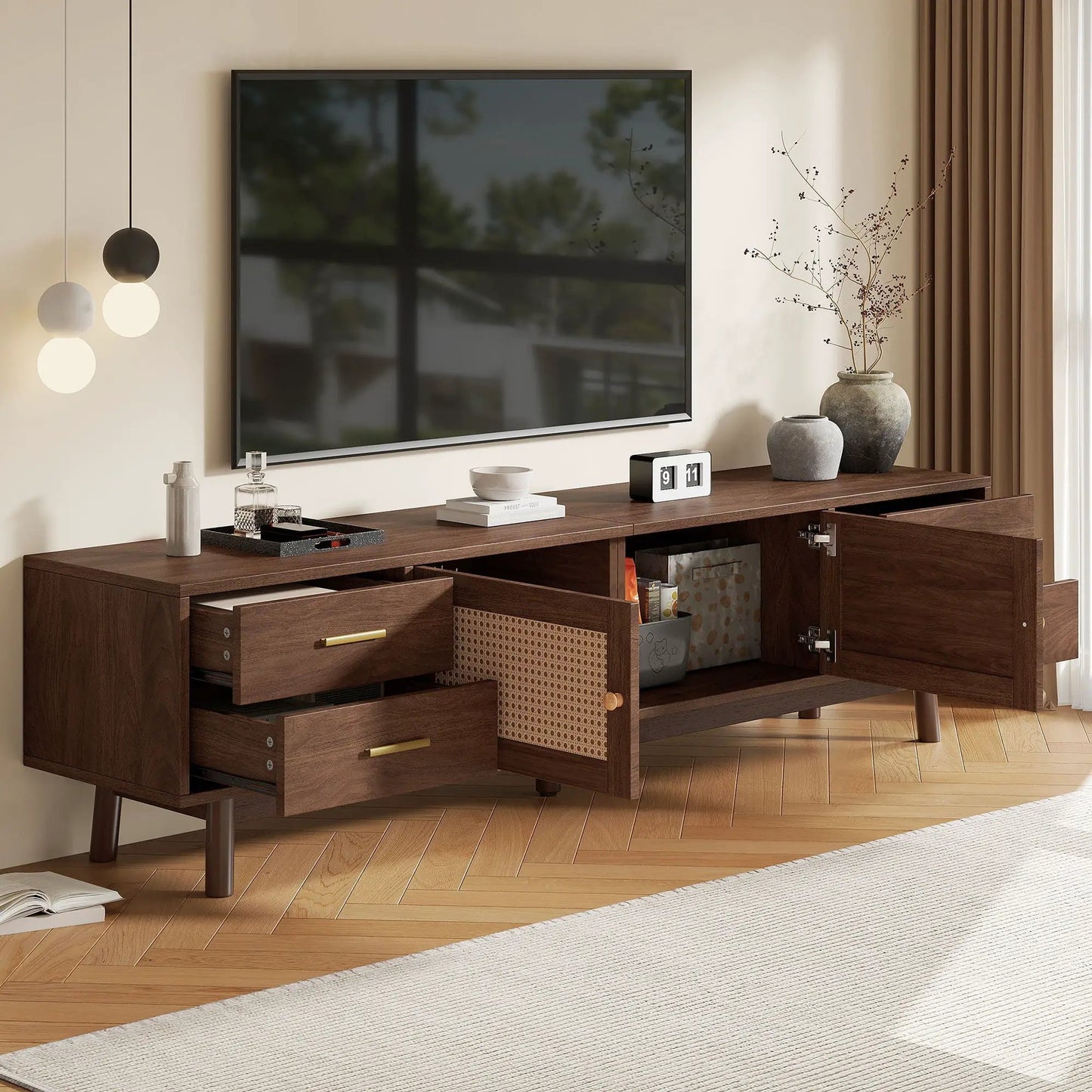 70in dark brown TV stand with doors and four drawers, cable holes, Unique Piece Furniture on Tampa Home & Garden Store