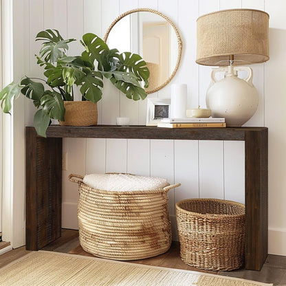Console table HouseOfZazla in dark brown solid wood with plant and woven baskets on Tampa Home & Garden Store
