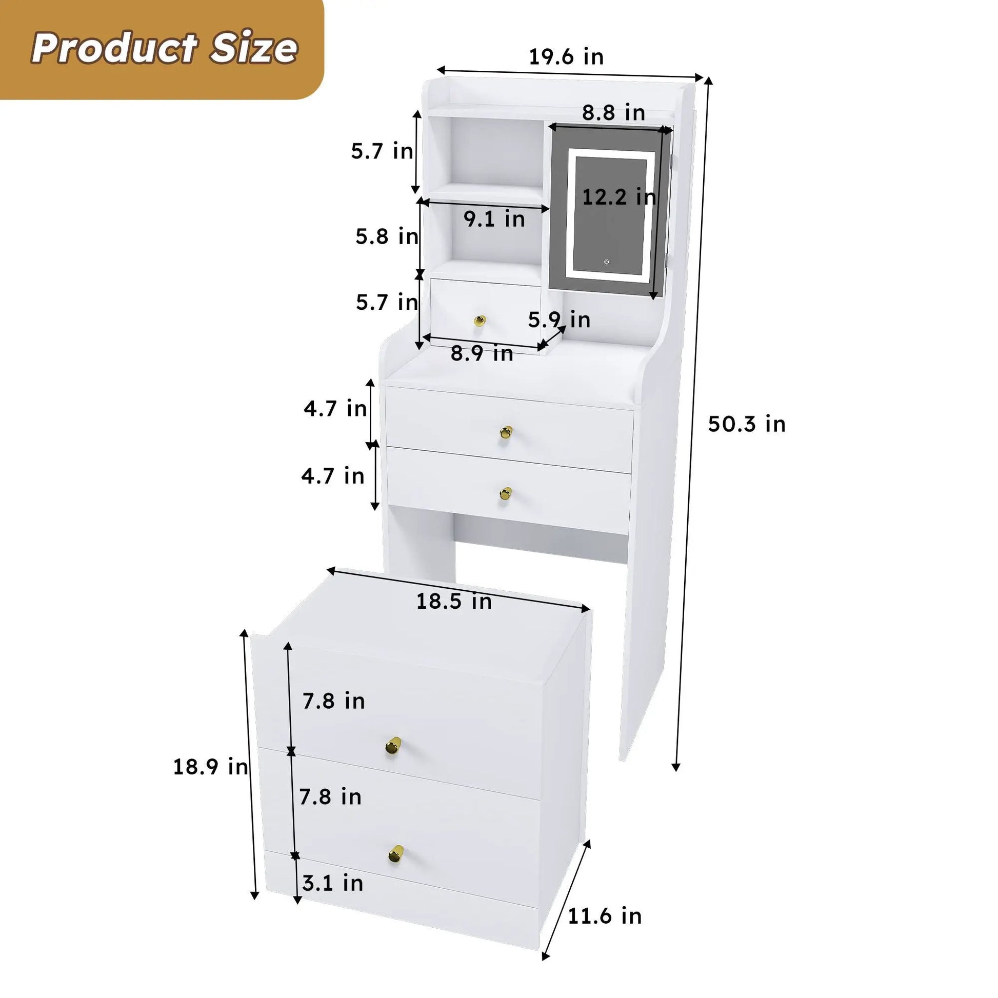 3 in 1 Dressing Table with LED Mirror, white vanity set with shelves and drawers on Tampa Home & Garden Store