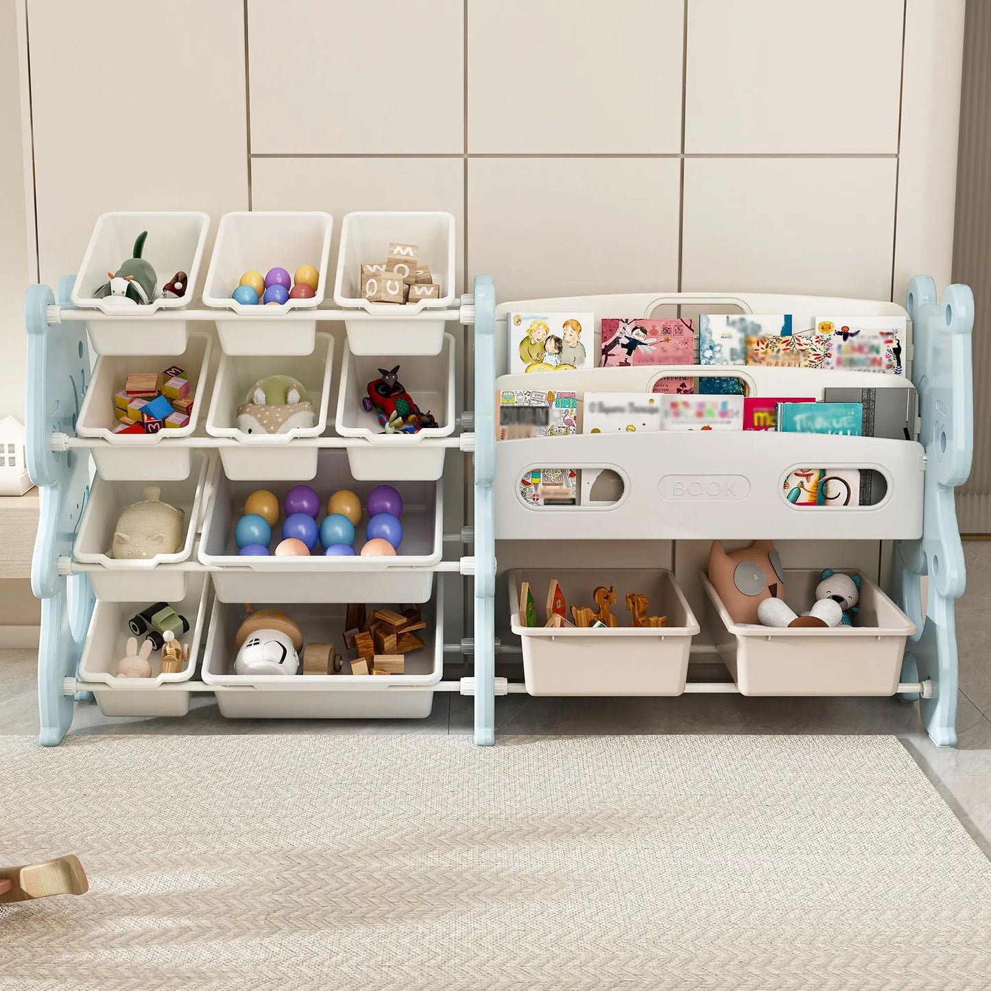 Kids Toy Storage Organizer with 2 Tier Bookshelf