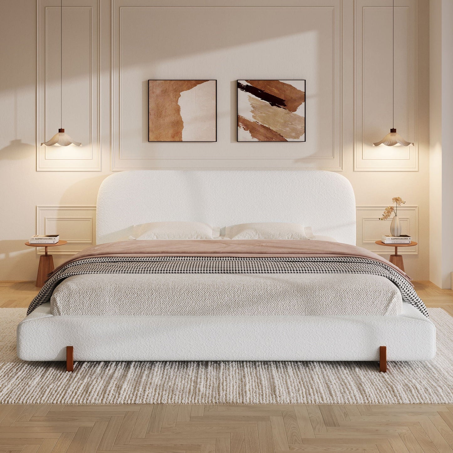 Elegant upholstered bed frame in cream fabric with natural wood legs by HouseOfZazla on Tampa Home & Garden Store