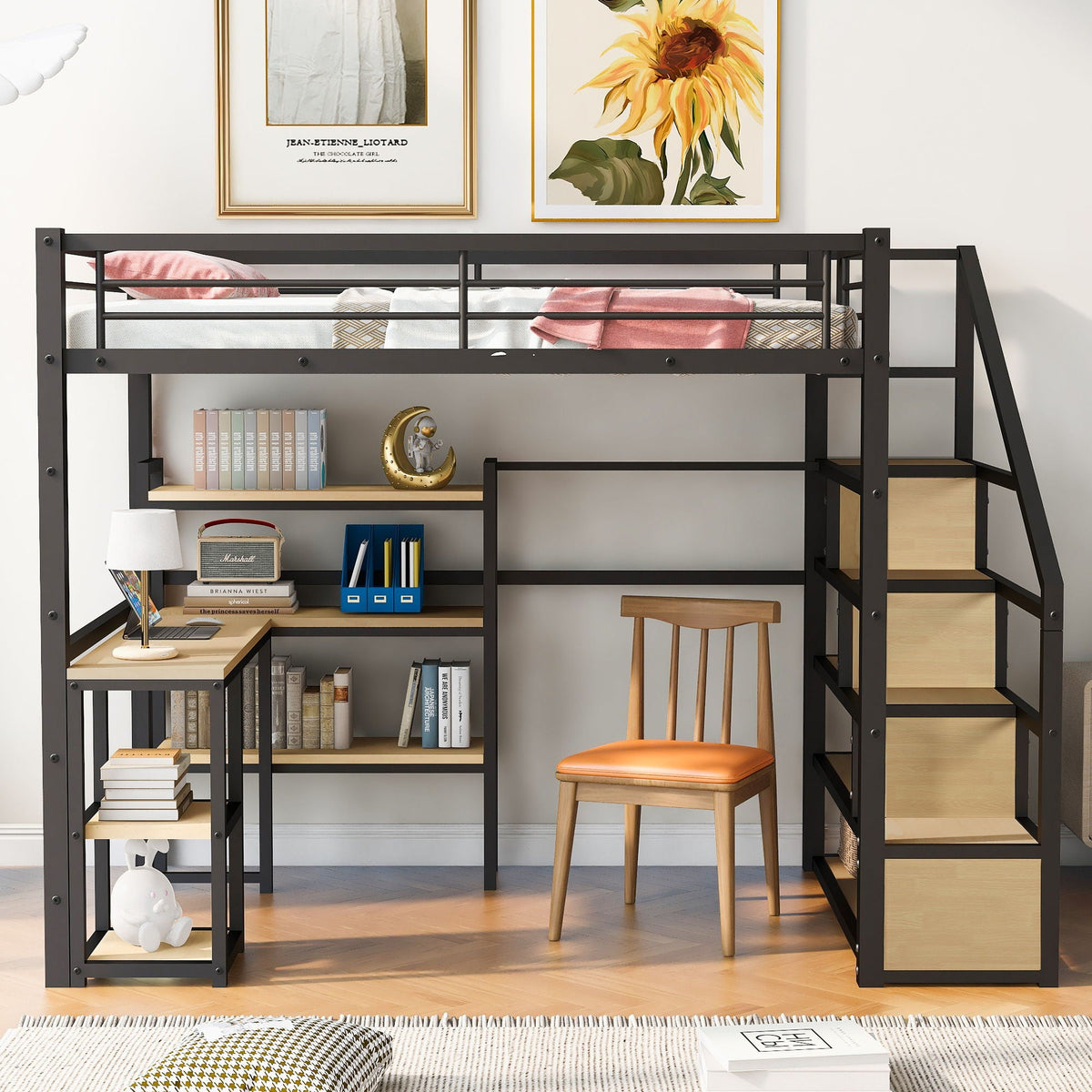 Full size loft bed with staircase, built-in desk and shelves in black metal frame on Tampa Home & Garden Store