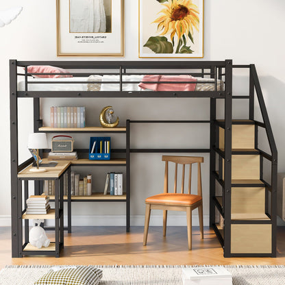 Full size loft bed with staircase, built-in desk and shelves in black metal frame on Tampa Home & Garden Store