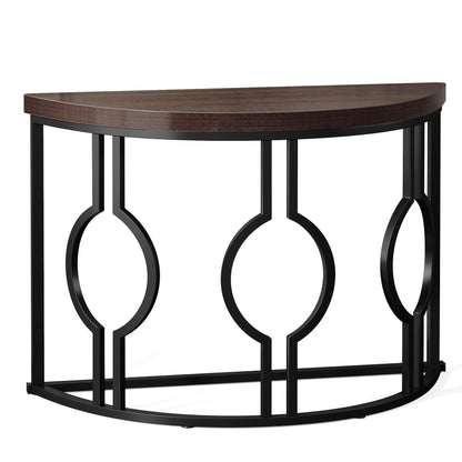 Half Moon Console Table with Geometric Metal Base rustic brown top black metal frame HouseOfZazla on Tampa Home & Garden Store